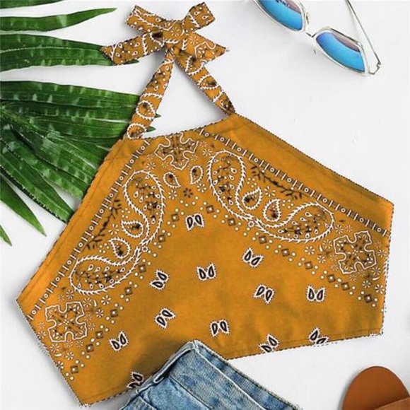 Tops - Yellow Bandana Halter Top Crop Top